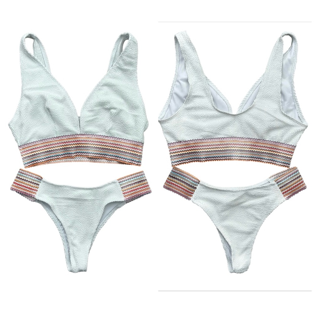 NO NAME Women’s White Bikini Cheeky High Cut Bottom Full Coverage‎ Top V-Neck XL